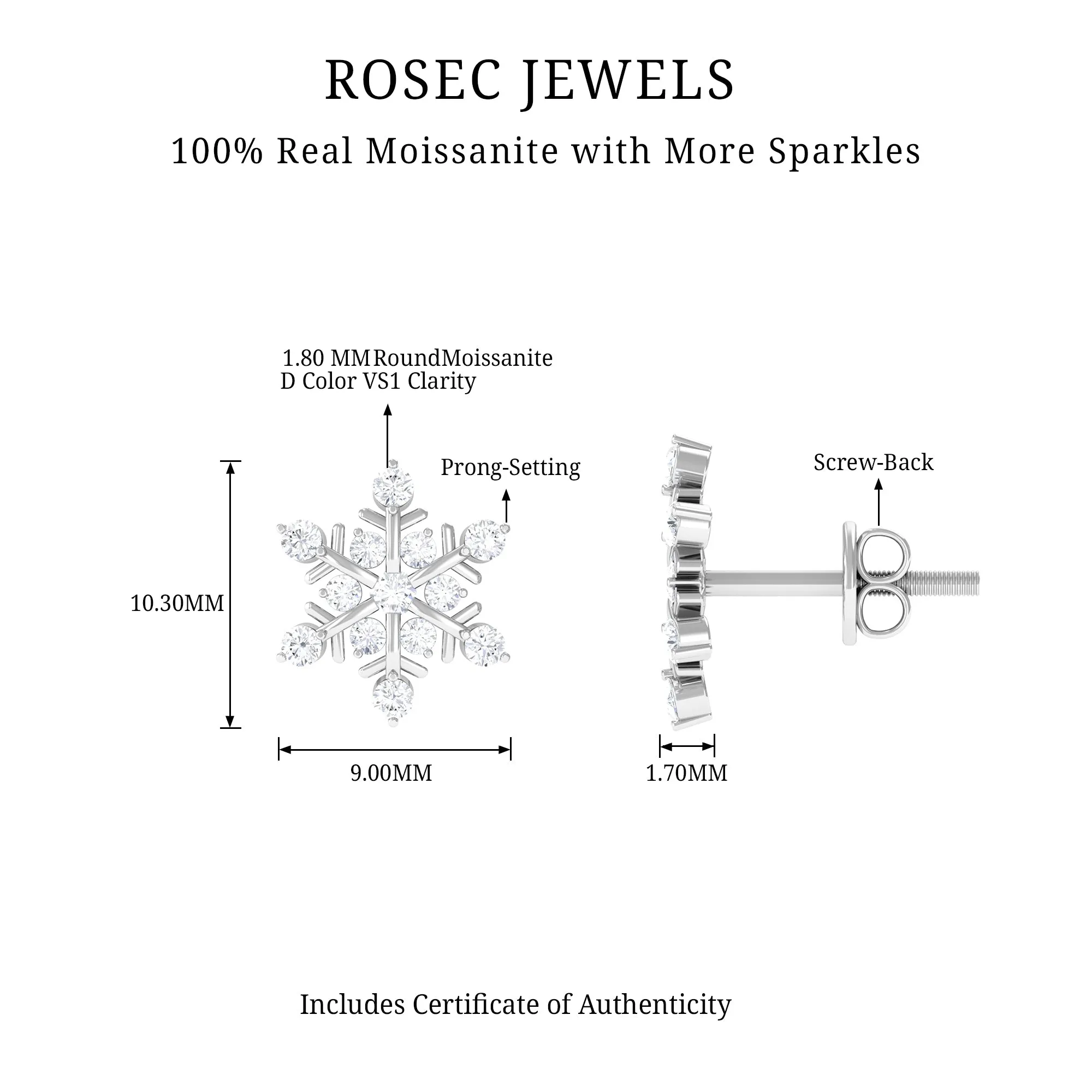 0.75 CT Moissanite Snowflake Stud Earrings