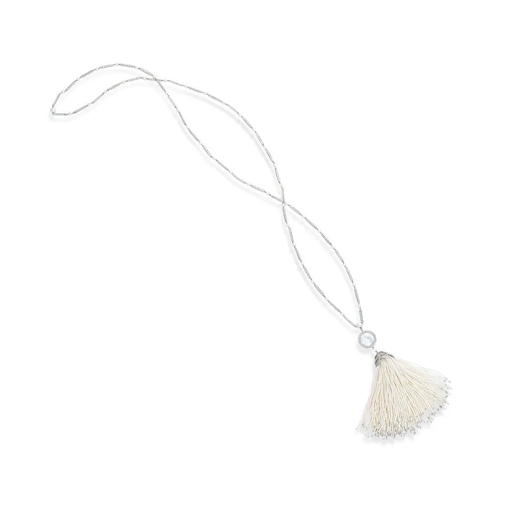 10.48 Carat Moonstone, Diamond, and Pearl Tassel Necklace