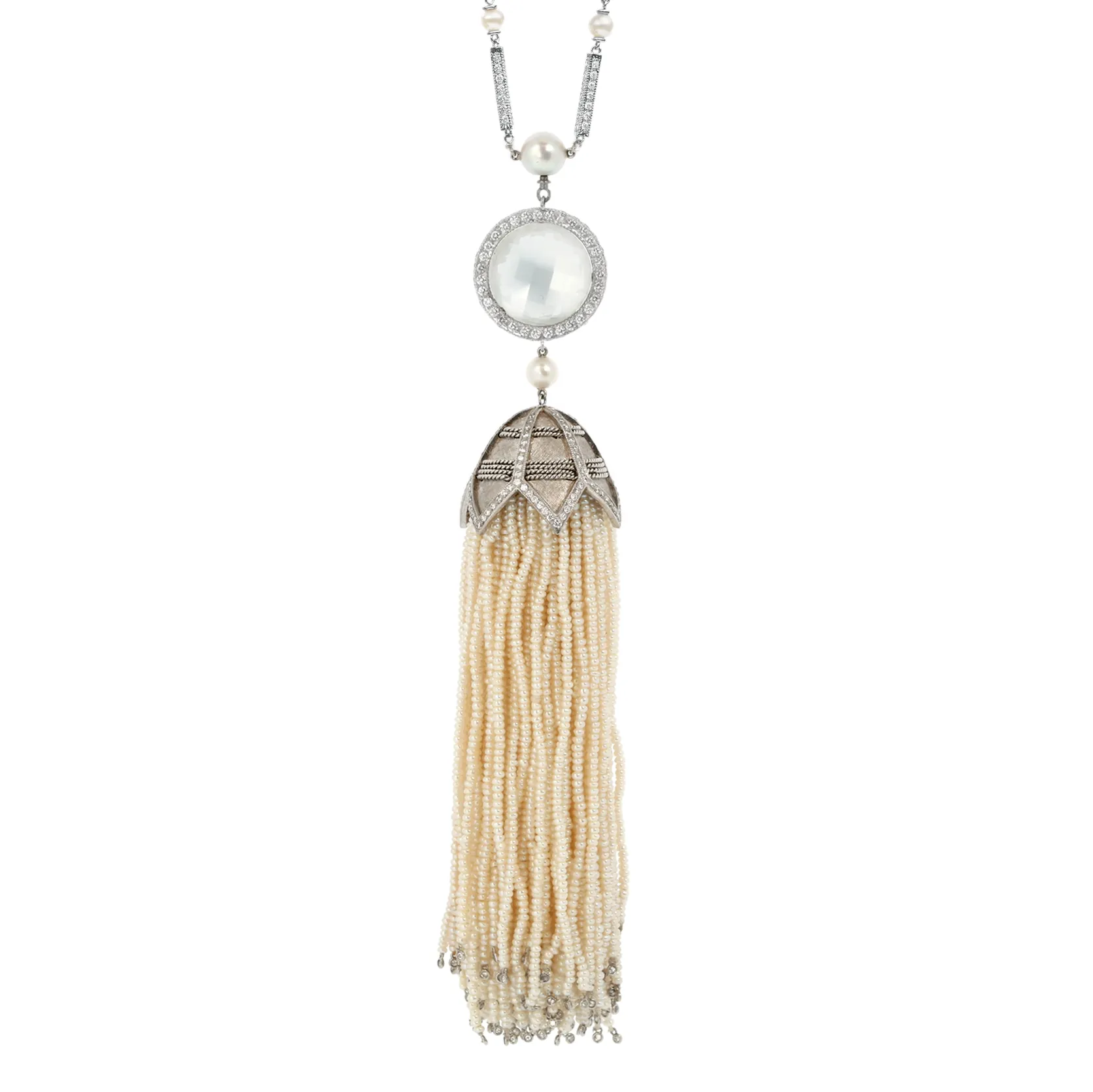 10.48 Carat Moonstone, Diamond, and Pearl Tassel Necklace