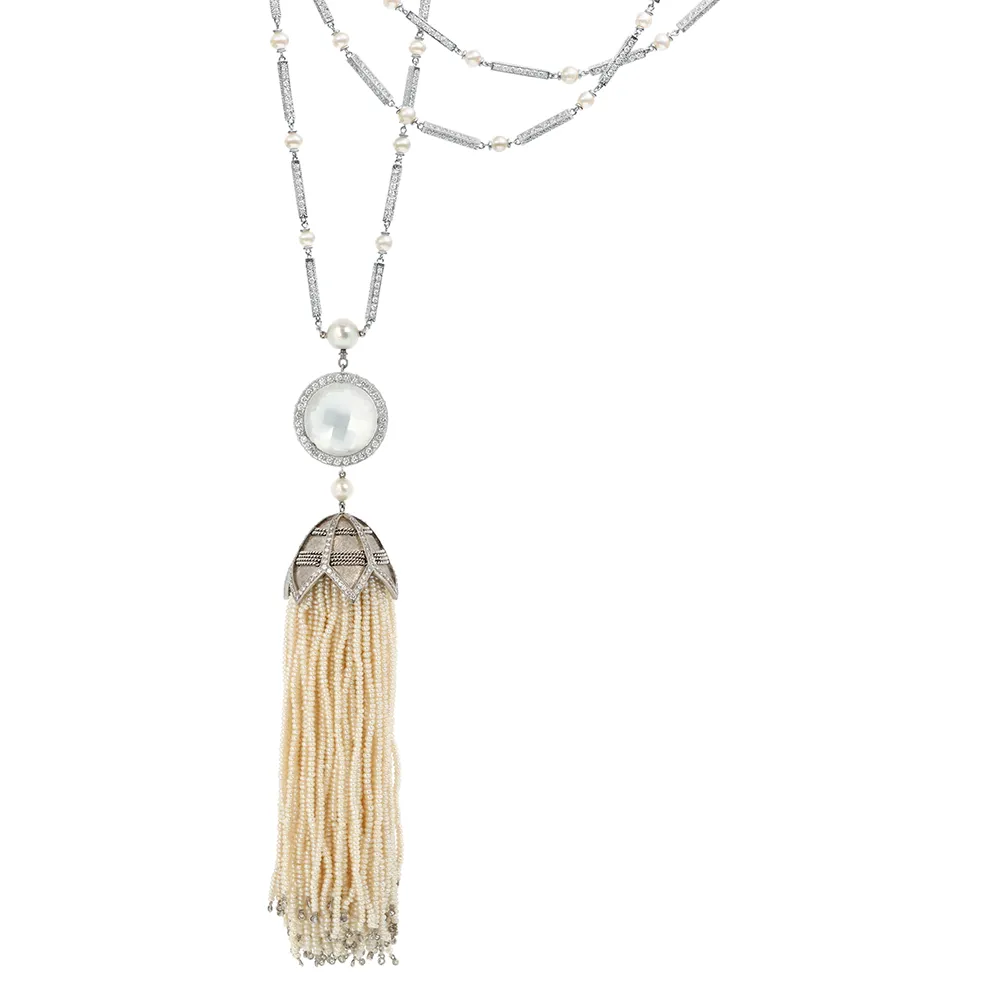 10.48 Carat Moonstone, Diamond, and Pearl Tassel Necklace