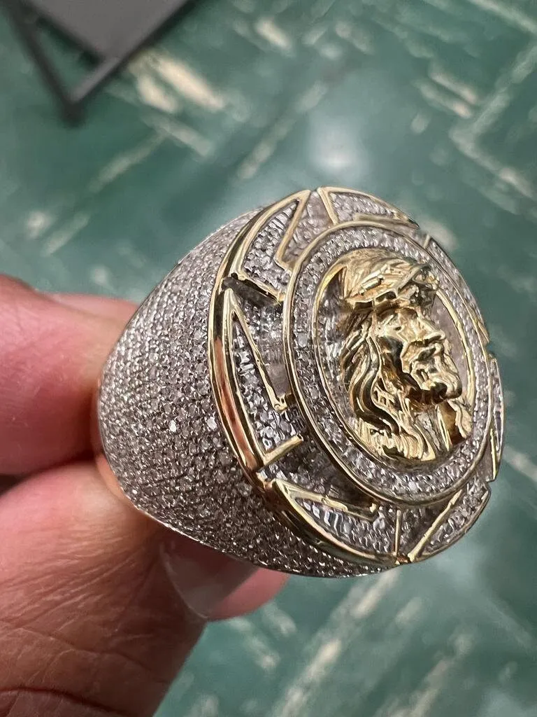 10k Solid Yellow Gold Diamond Jesus Head Face Men's Rings, Religious Faith Inspiration Jesus Mens Diamond Ring 1.02ct 12.58 Grams Size 10