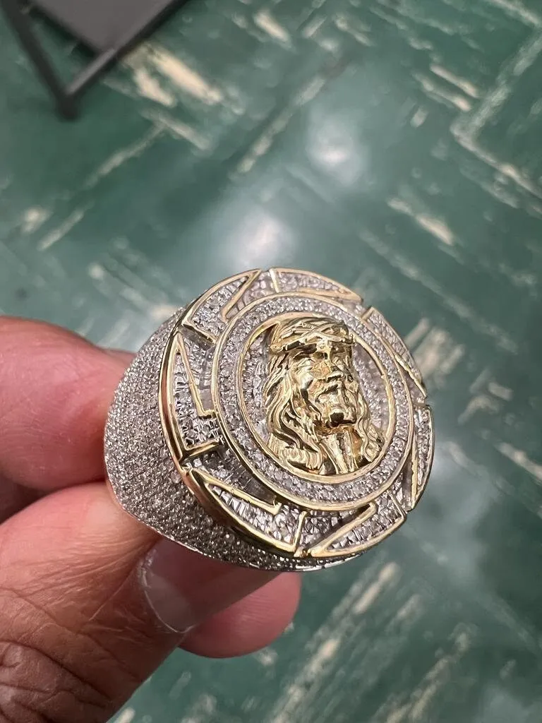 10k Solid Yellow Gold Diamond Jesus Head Face Men's Rings, Religious Faith Inspiration Jesus Mens Diamond Ring 1.02ct 12.58 Grams Size 10