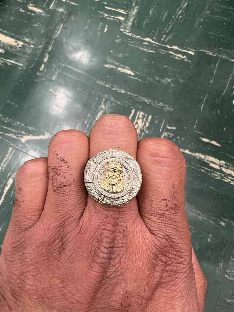10k Solid Yellow Gold Diamond Jesus Head Face Men's Rings, Religious Faith Inspiration Jesus Mens Diamond Ring 1.02ct 12.58 Grams Size 10