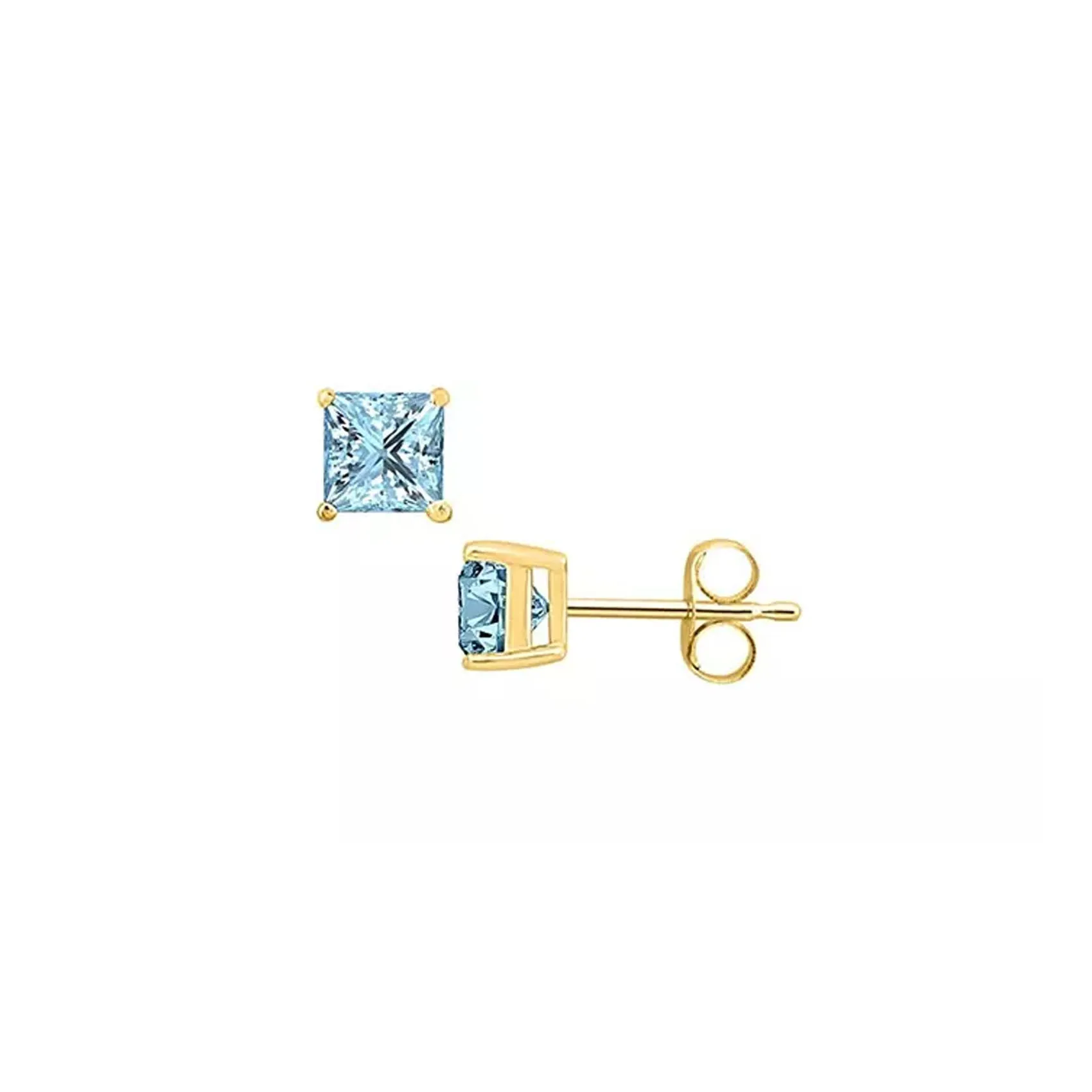 10k Yellow Gold Plated 1 Ct Created Aquamarine Sapphire Princess Cut Stud Earrings