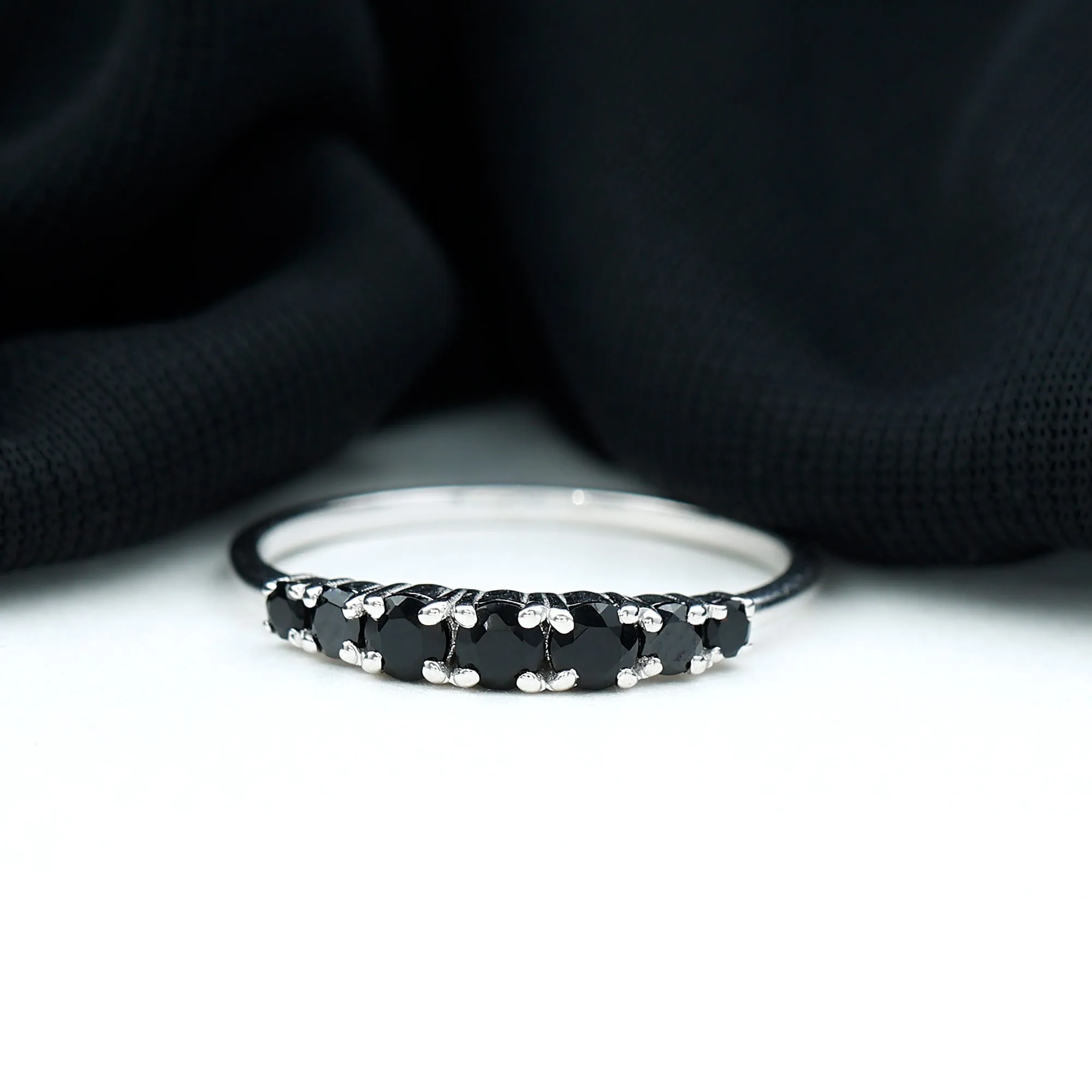 1/2 CT Graduated Style Black Onyx Seven Stone Band Ring in 4 Prong Setting