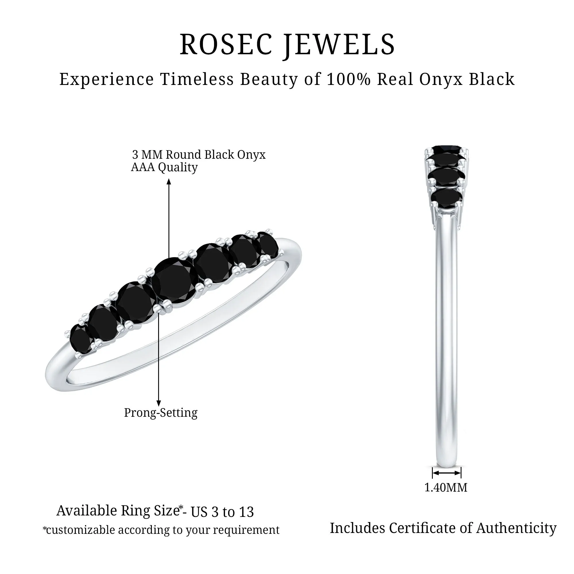 1/2 CT Graduated Style Black Onyx Seven Stone Band Ring in 4 Prong Setting