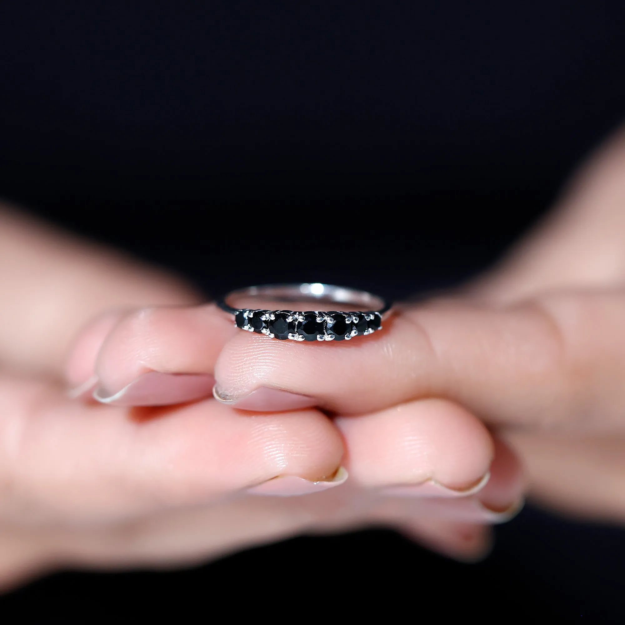 1/2 CT Graduated Style Black Onyx Seven Stone Band Ring in 4 Prong Setting