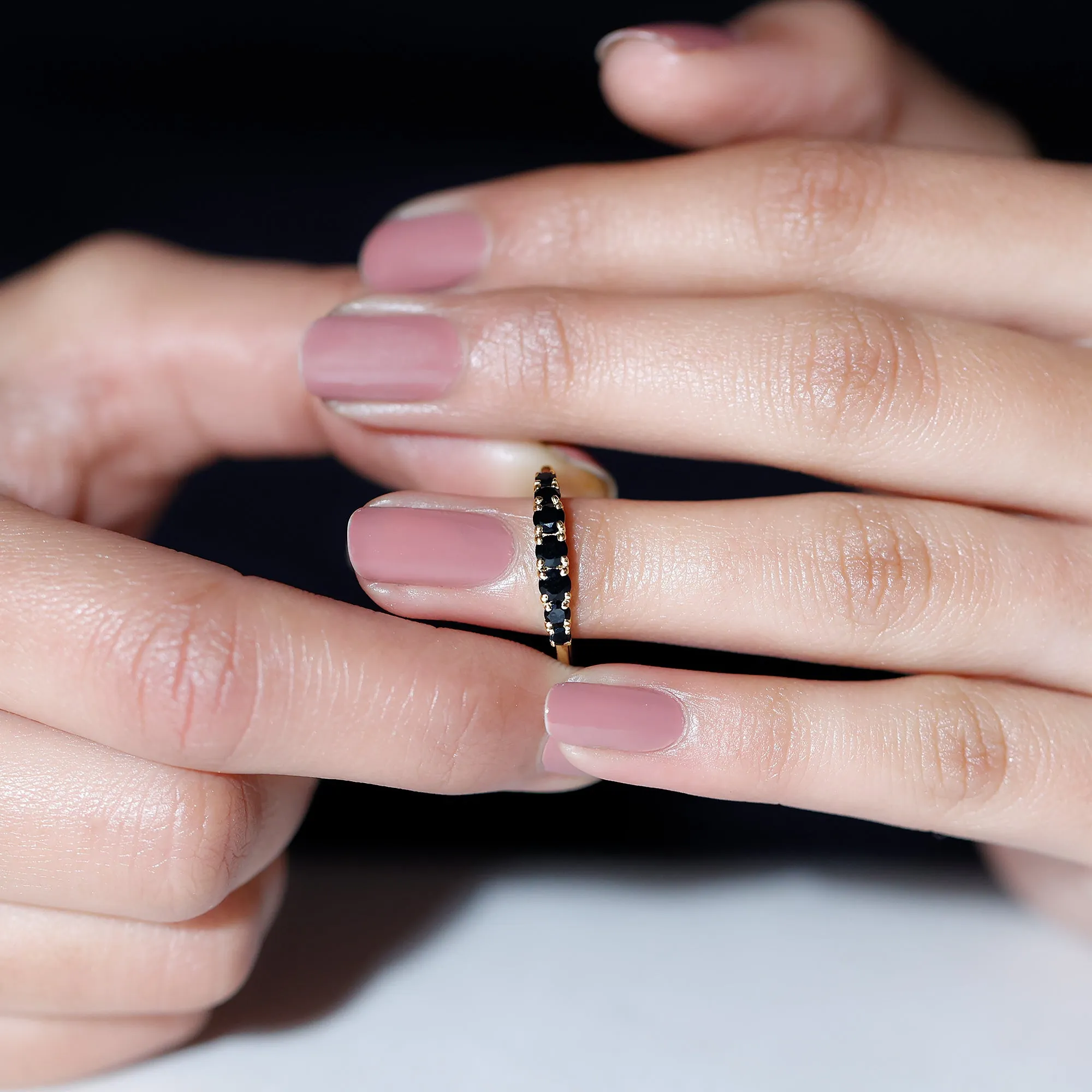 1/2 CT Graduated Style Black Onyx Seven Stone Band Ring in 4 Prong Setting