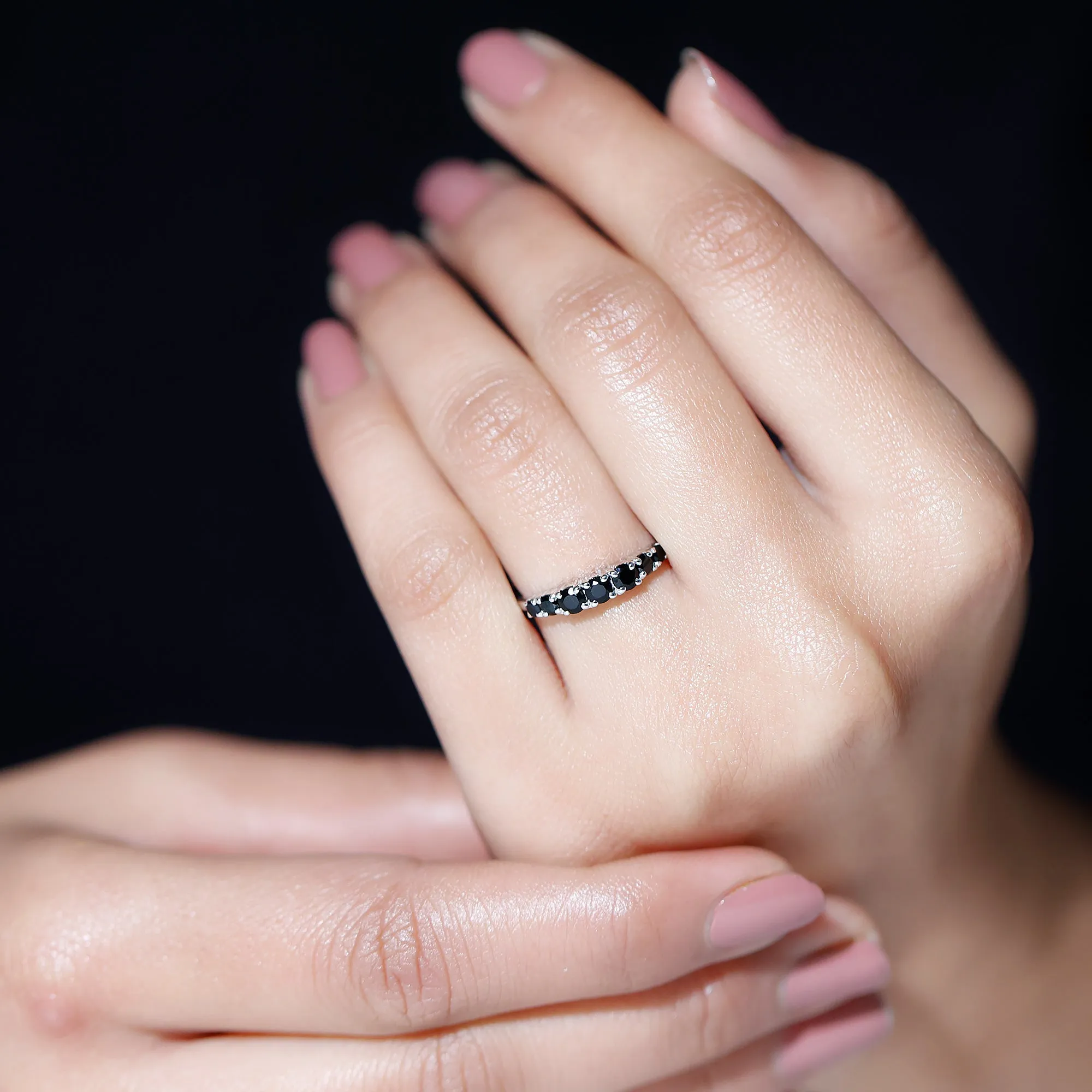 1/2 CT Graduated Style Black Onyx Seven Stone Band Ring in 4 Prong Setting