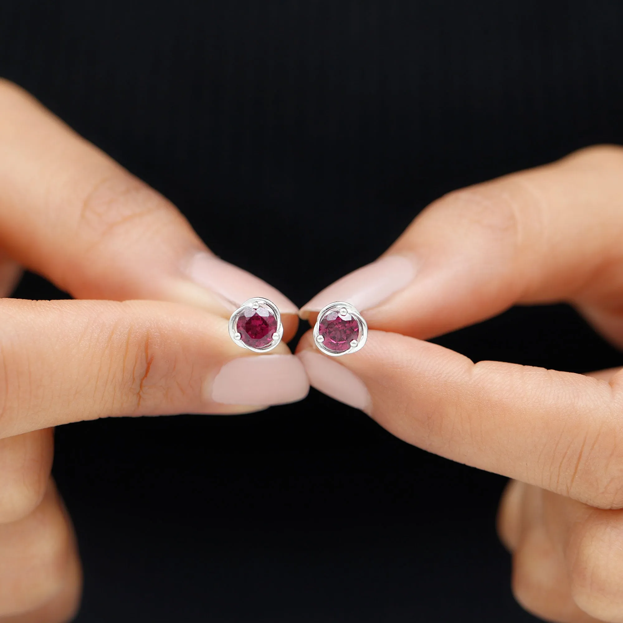 1.25 CT Solitaire Rhodolite and Gold Swirl Stud Earrings