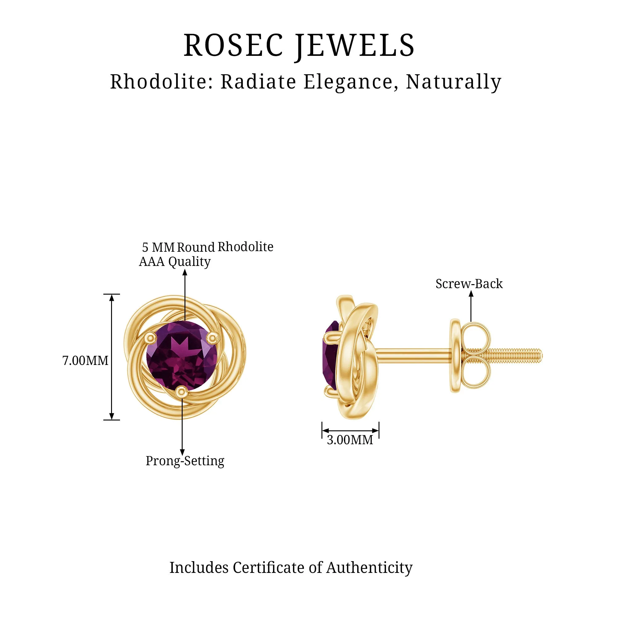 1.25 CT Solitaire Rhodolite and Gold Swirl Stud Earrings