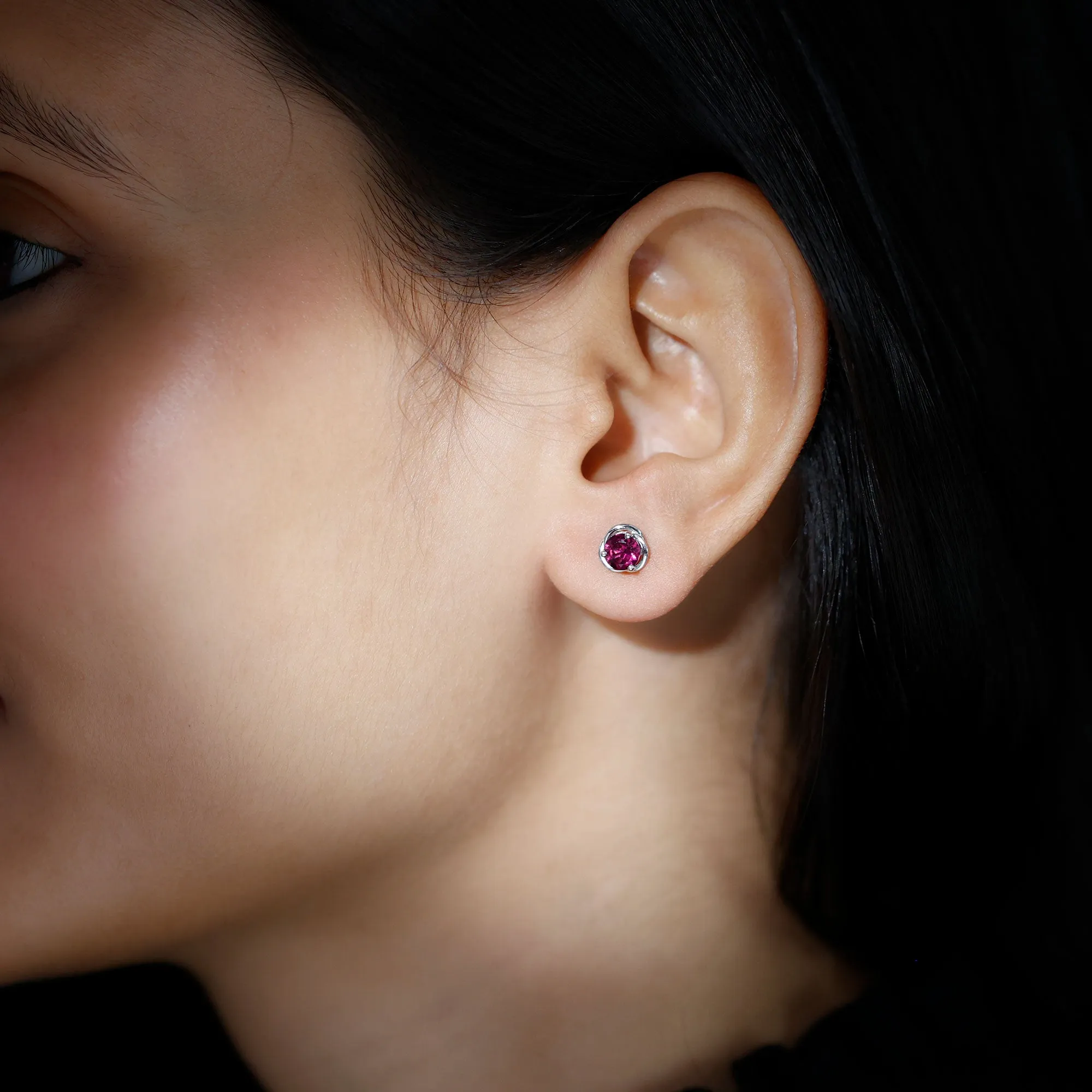 1.25 CT Solitaire Rhodolite and Gold Swirl Stud Earrings