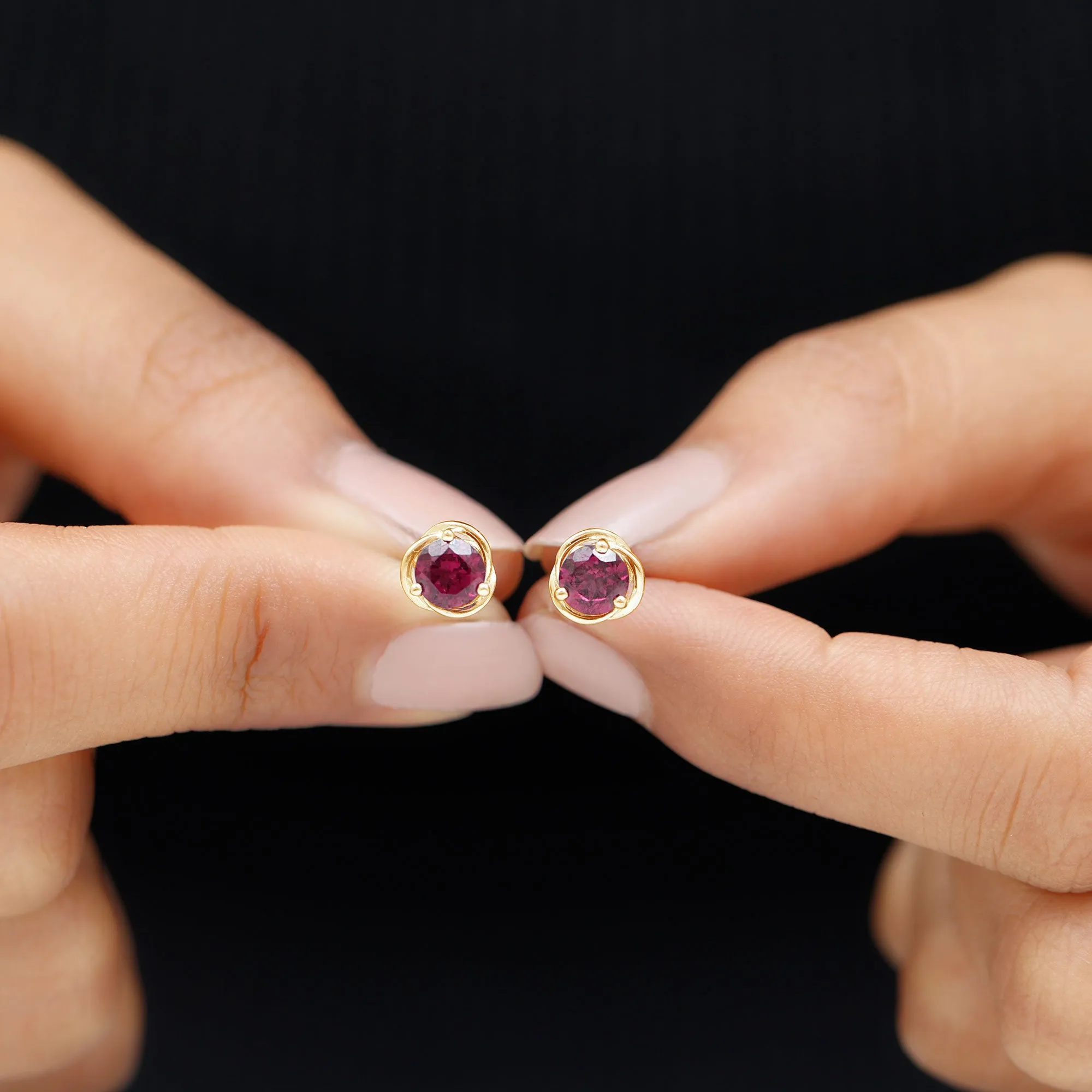1.25 CT Solitaire Rhodolite and Gold Swirl Stud Earrings