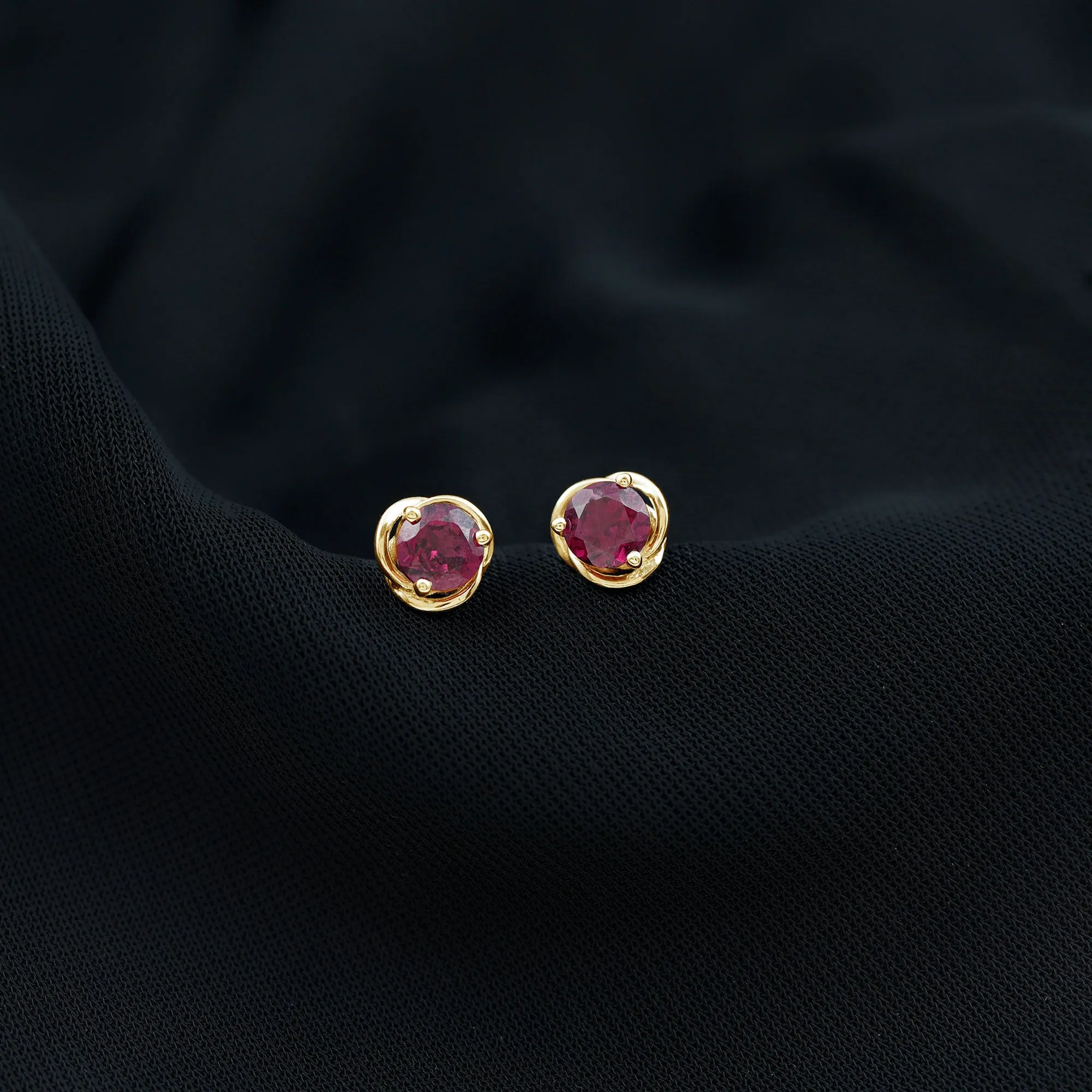 1.25 CT Solitaire Rhodolite and Gold Swirl Stud Earrings