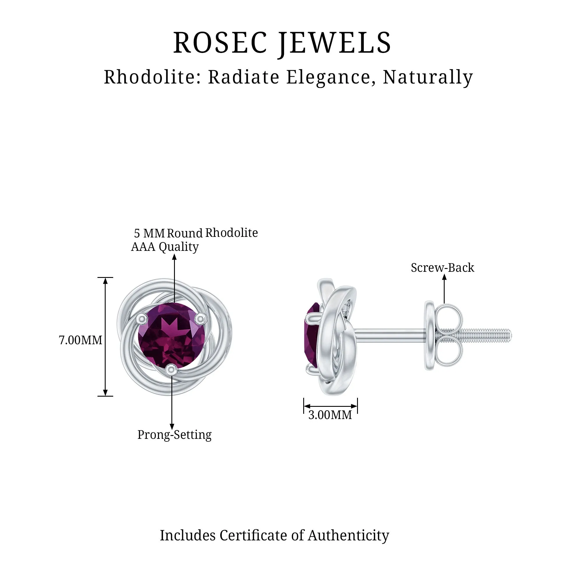 1.25 CT Solitaire Rhodolite and Gold Swirl Stud Earrings