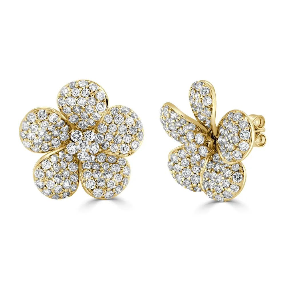 14K Gold & Diamond Flower Stud Earrings - 3.81ct