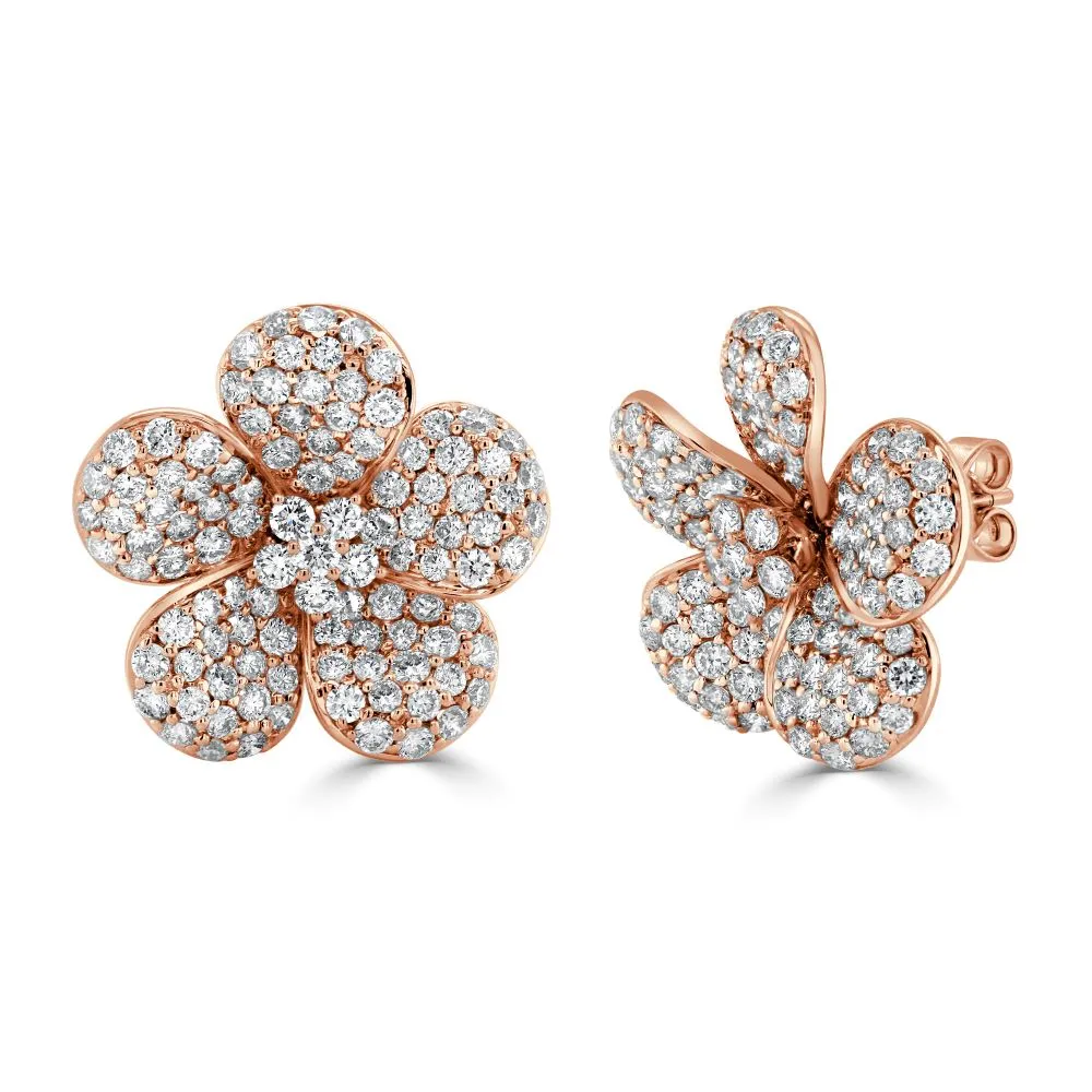 14K Gold & Diamond Flower Stud Earrings - 3.81ct