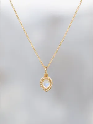 14K Rosecut Moonstone & Diamond Halo Necklace