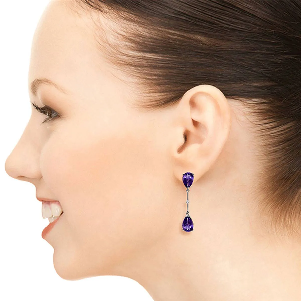 14K Solid White Gold Diamonds & Amethysts Dangling Earrings