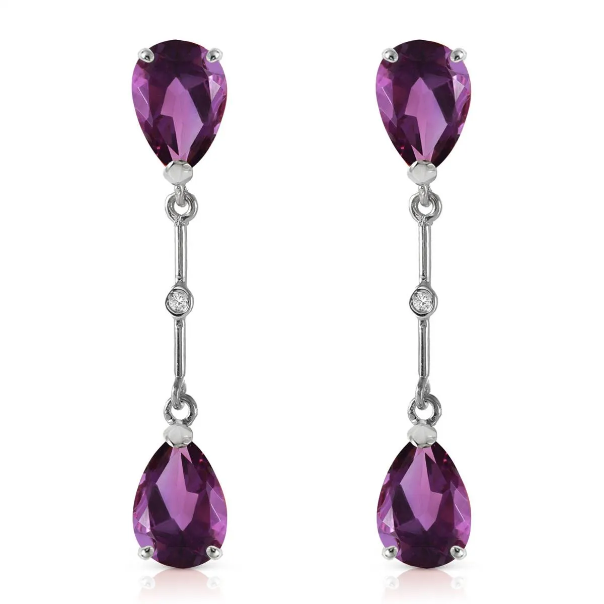 14K Solid White Gold Diamonds & Amethysts Dangling Earrings