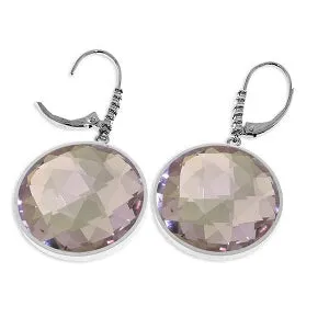 14K Solid White Gold Diamonds Leverback Earrings w/ Checkerboard Cut Round Amethysts
