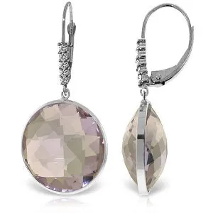 14K Solid White Gold Diamonds Leverback Earrings w/ Checkerboard Cut Round Amethysts