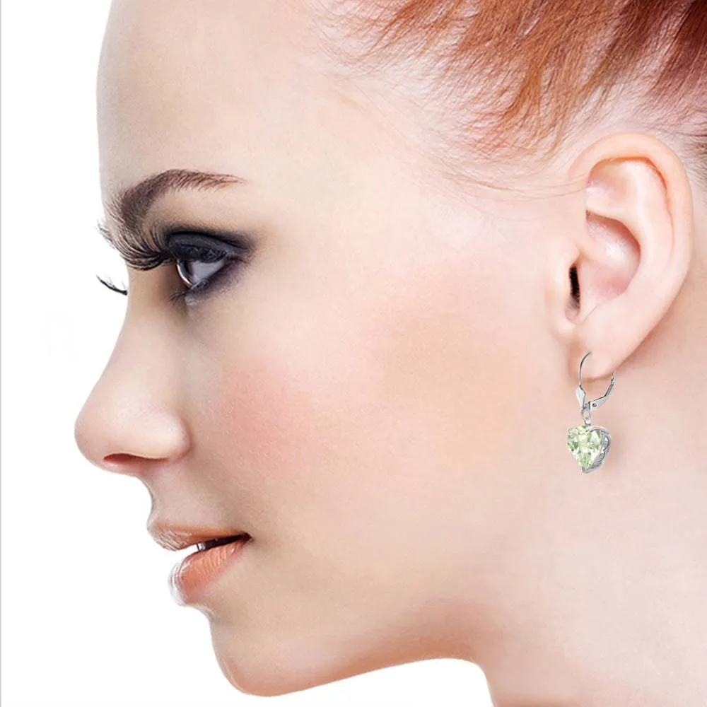 14K Solid White Gold Leverback Earrings Natural 10mm Heart Green Amethysts