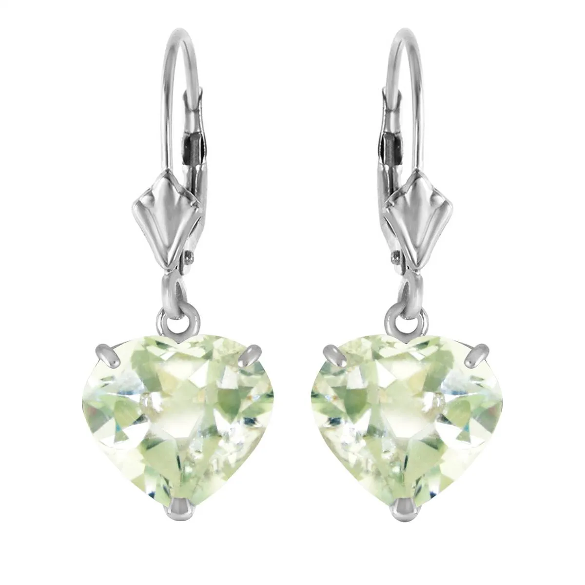 14K Solid White Gold Leverback Earrings Natural 10mm Heart Green Amethysts