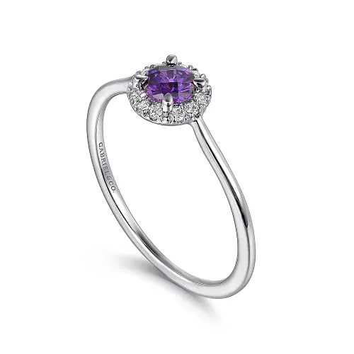 14K White Gold Amethyst and Diamond Halo Promise Ring