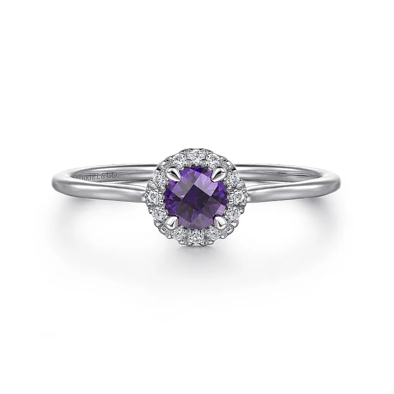 14K White Gold Amethyst and Diamond Halo Promise Ring