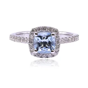 14K WHITE GOLD AQUAMARINE AND DIAMOND RING