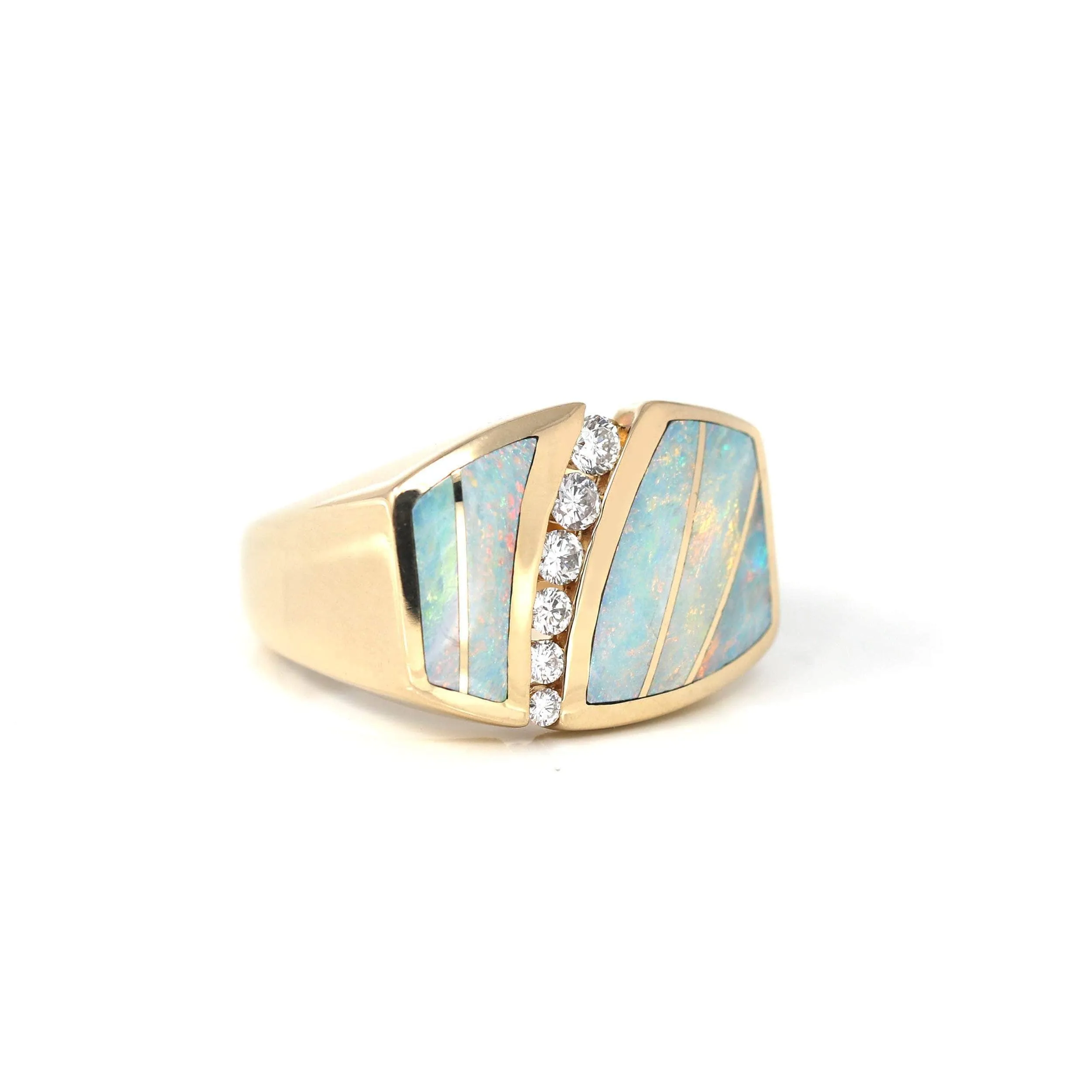 14k Yellow Gold Natural AAA Australian Opal Men's Ring with Diamonds