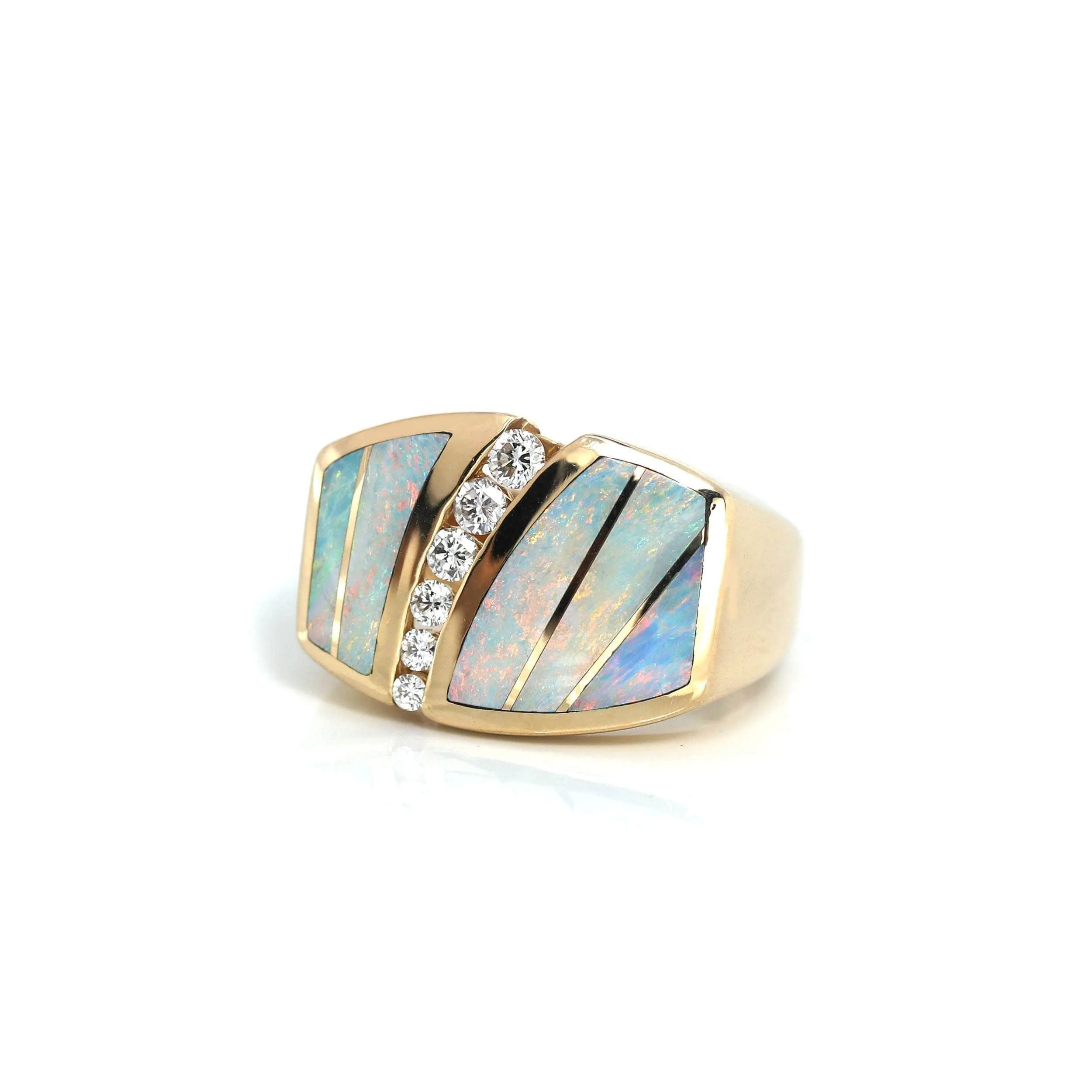 14k Yellow Gold Natural AAA Australian Opal Men's Ring with Diamonds