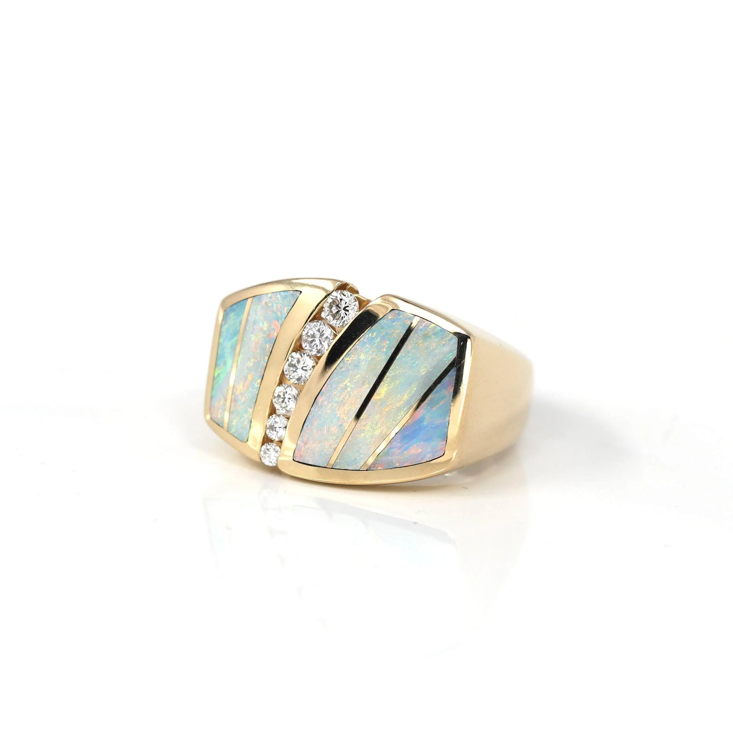 14k Yellow Gold Natural AAA Australian Opal Men's Ring with Diamonds