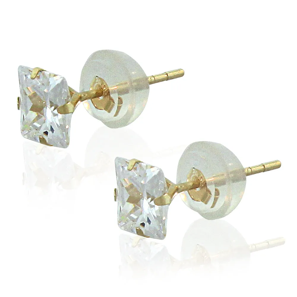 14K Yellow Gold Square Princess White Clear CZ Classic Stud Earrings, 5 mm
