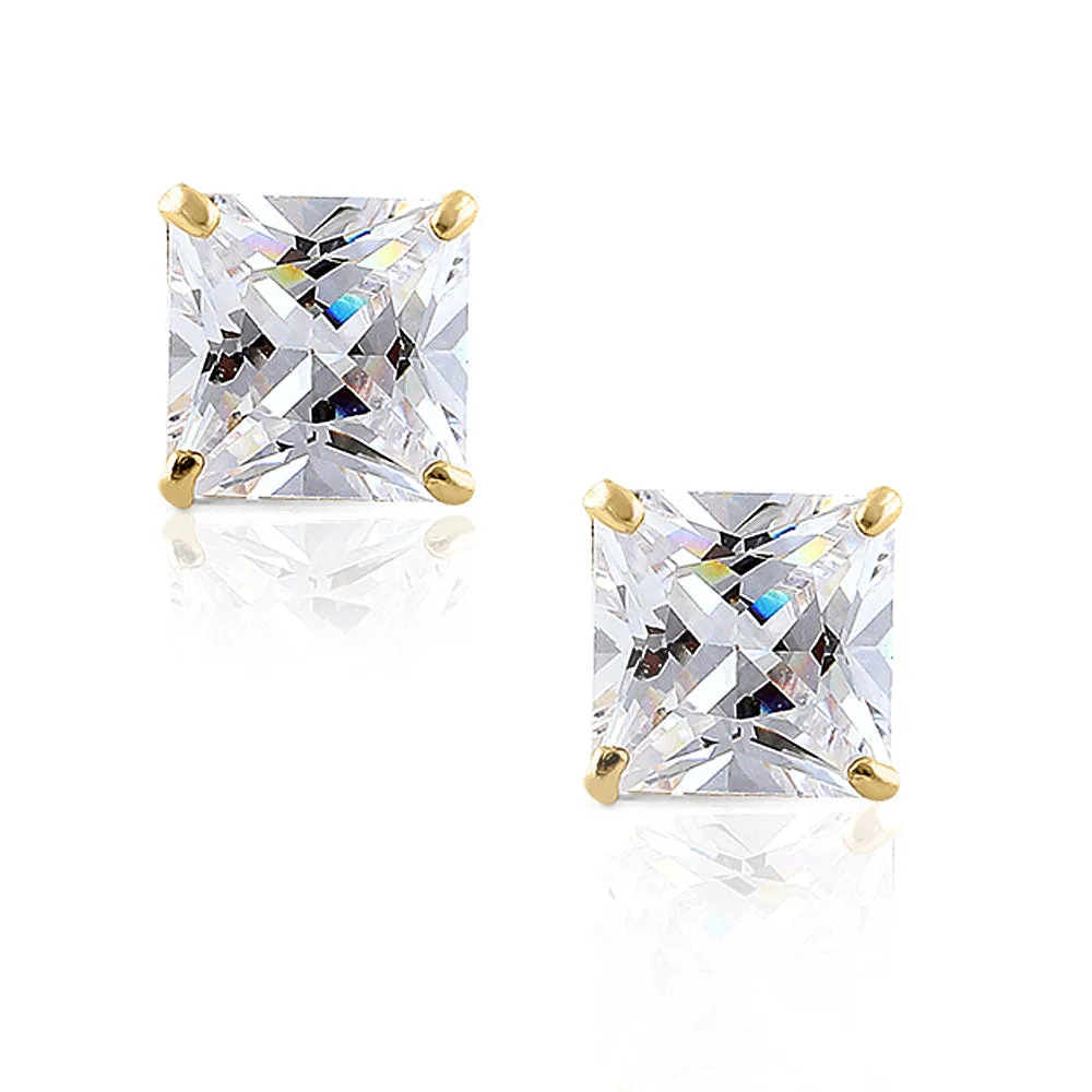 14K Yellow Gold Square Princess White Clear CZ Classic Stud Earrings, 6 mm