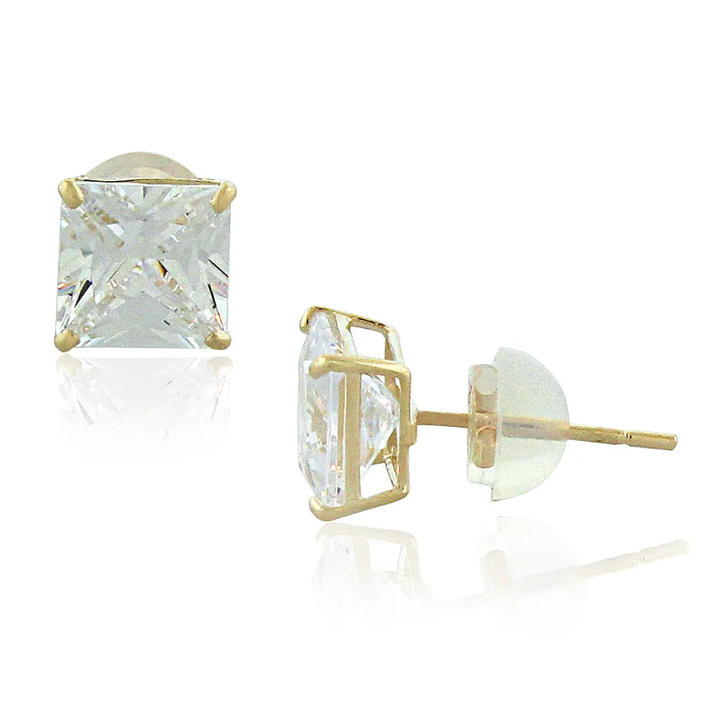 14K Yellow Gold Square Princess White Clear CZ Classic Stud Earrings, 6 mm