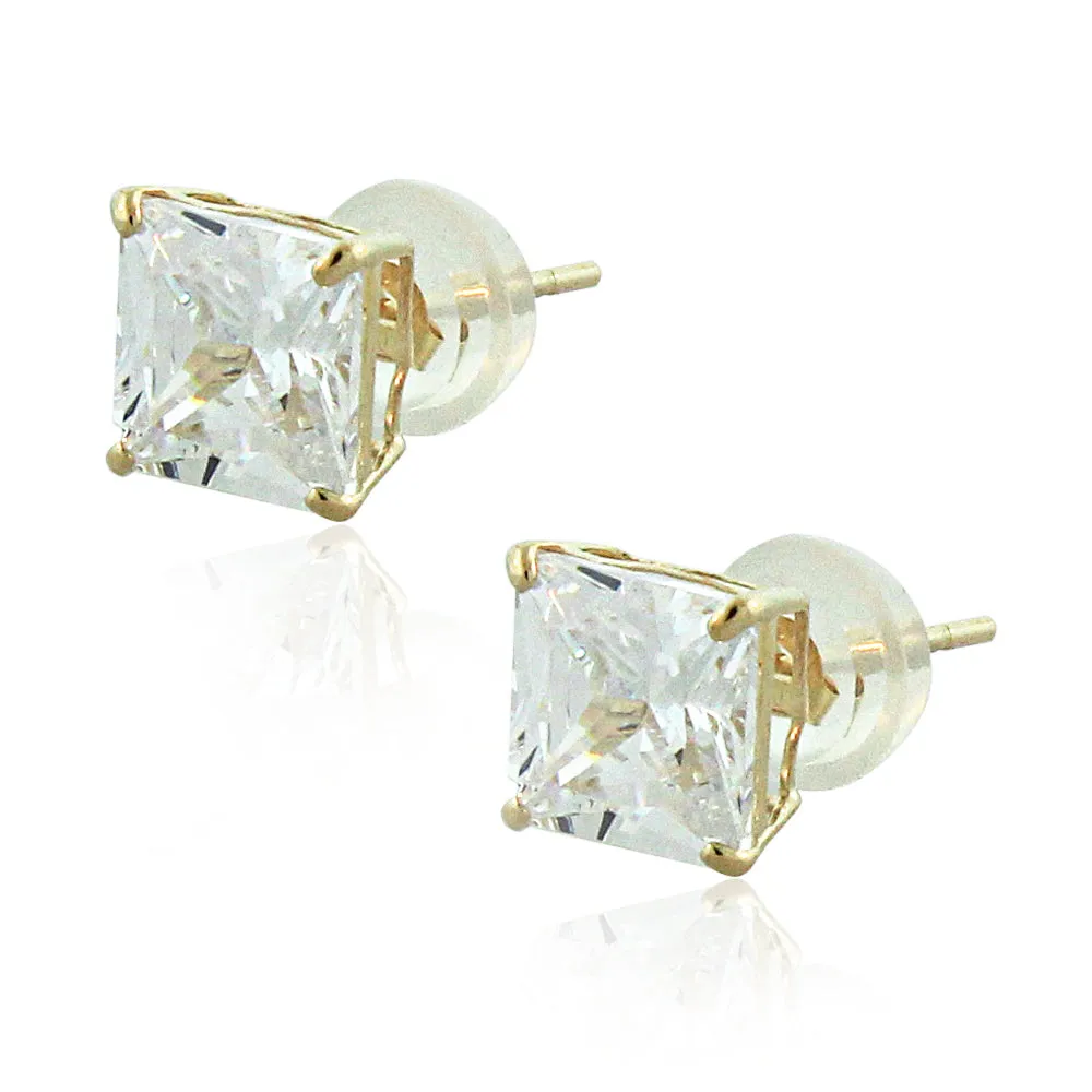 14K Yellow Gold Square Princess White Clear CZ Classic Stud Earrings, 6 mm