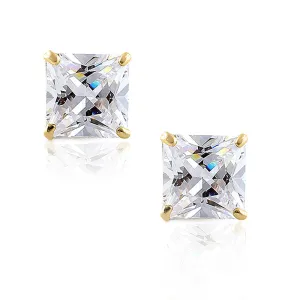 14K Yellow Gold Square Princess White Clear CZ Classic Stud Earrings, 6 mm