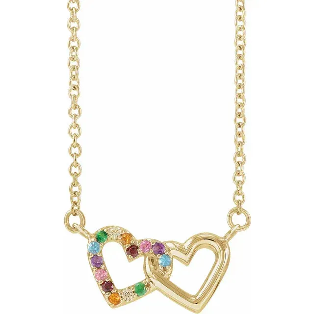 14k Yellow Rose White Gold Multi Color Gemstone Rainbow Hearts Pendant Charm Necklace