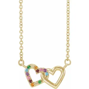 14k Yellow Rose White Gold Multi Color Gemstone Rainbow Hearts Pendant Charm Necklace