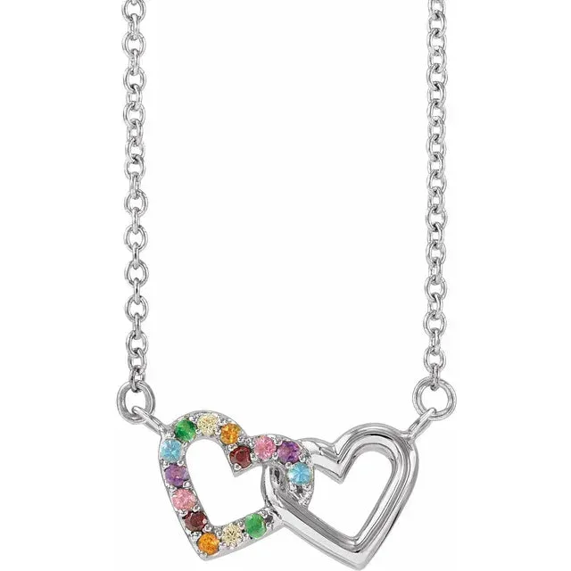 14k Yellow Rose White Gold Multi Color Gemstone Rainbow Hearts Pendant Charm Necklace