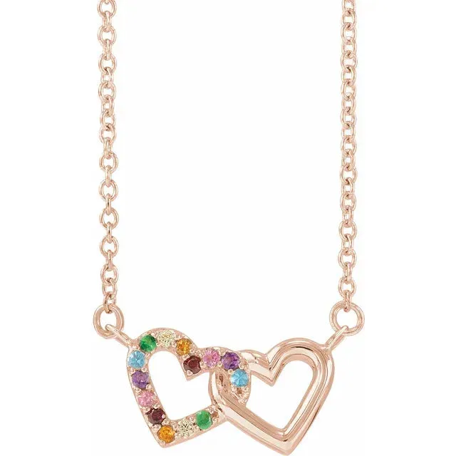14k Yellow Rose White Gold Multi Color Gemstone Rainbow Hearts Pendant Charm Necklace