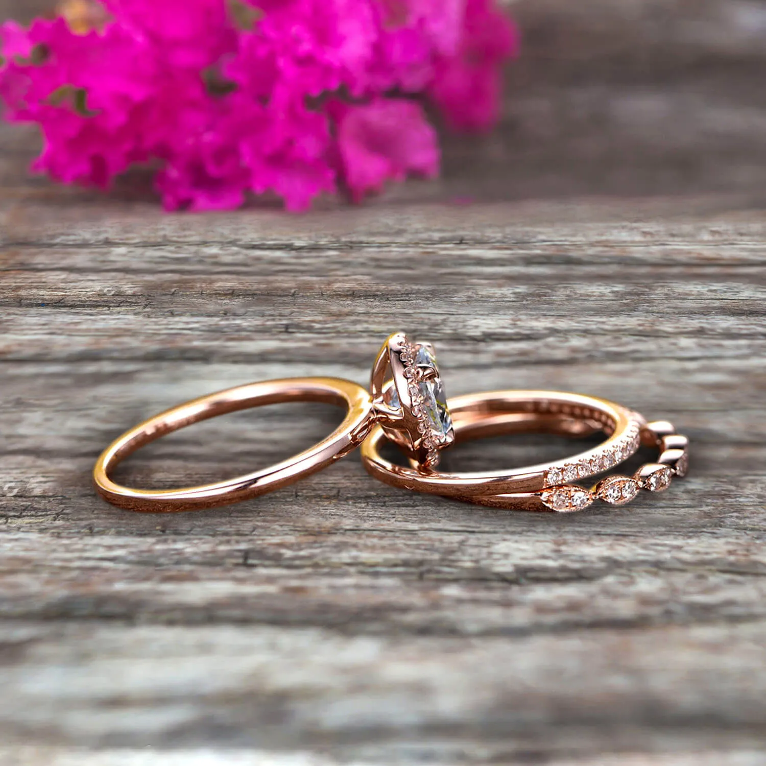 1.75 Carat Round Cut Aquamarine Wedding Ring Set Moissanite Diamond Matching Band 10k Rose Gold  Anniversary Gift Art Deco Trio Set