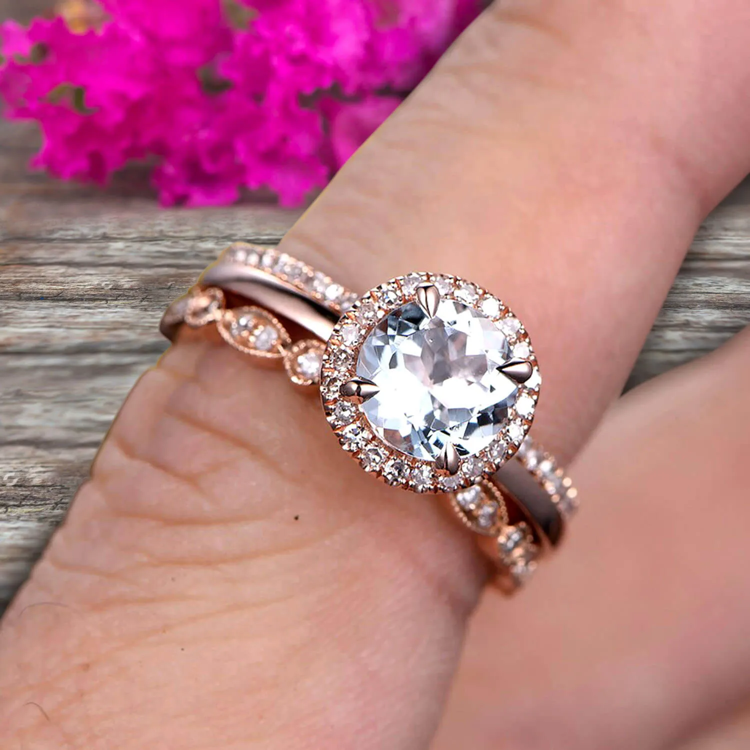 1.75 Carat Round Cut Aquamarine Wedding Ring Set Moissanite Diamond Matching Band 10k Rose Gold  Anniversary Gift Art Deco Trio Set