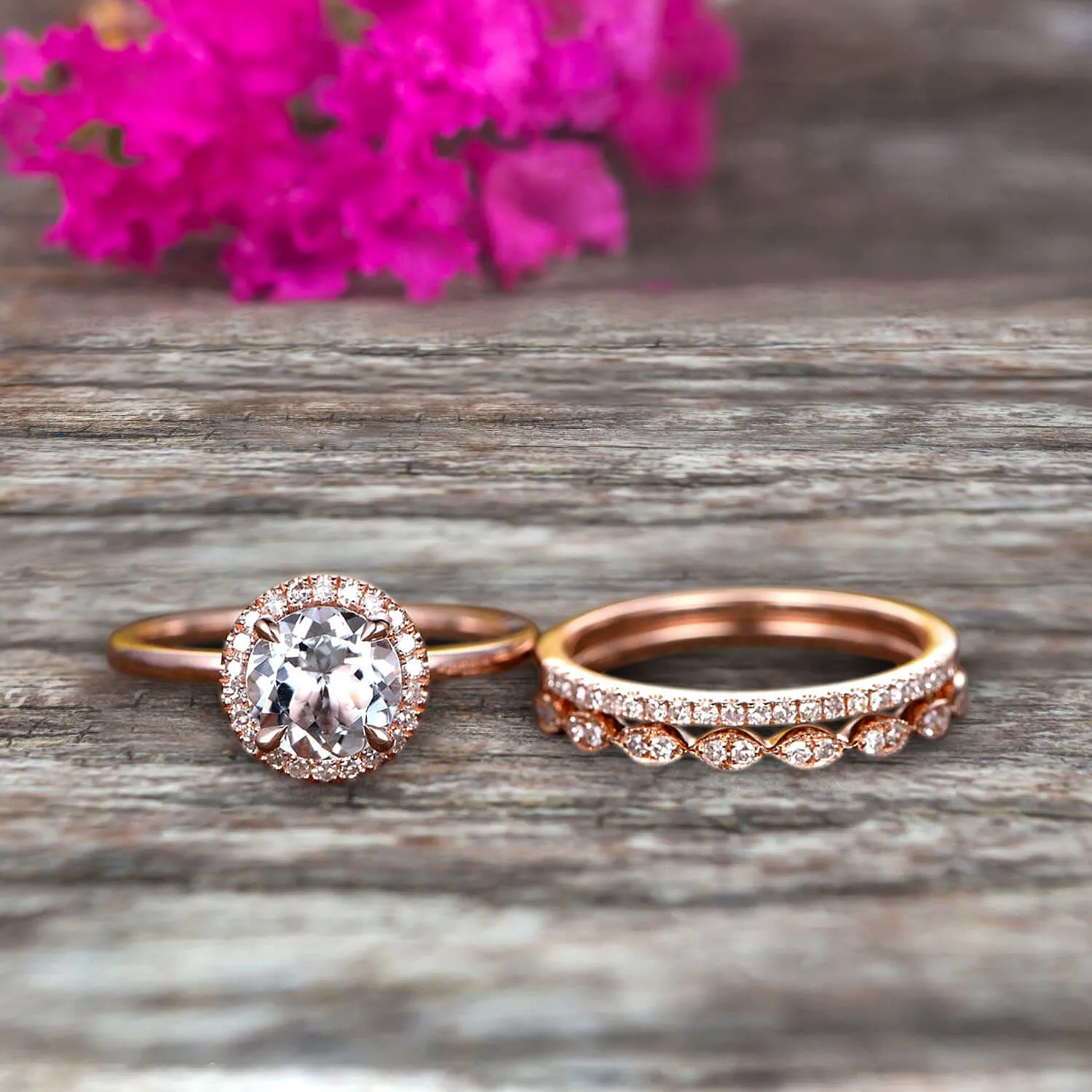 1.75 Carat Round Cut Aquamarine Wedding Ring Set Moissanite Diamond Matching Band 10k Rose Gold  Anniversary Gift Art Deco Trio Set