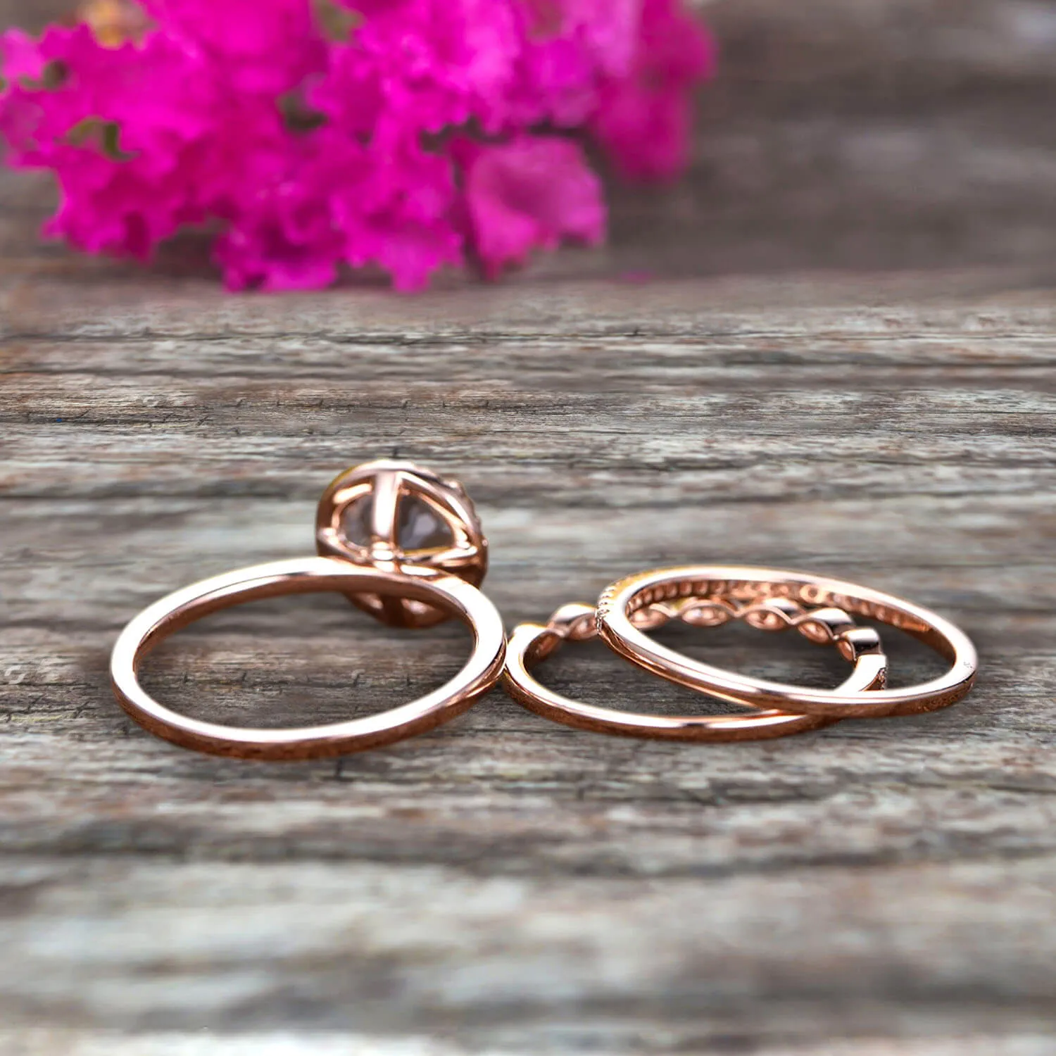 1.75 Carat Round Cut Aquamarine Wedding Ring Set Moissanite Diamond Matching Band 10k Rose Gold  Anniversary Gift Art Deco Trio Set
