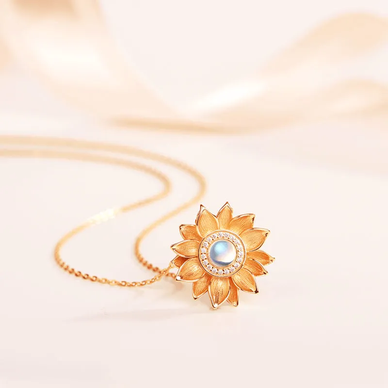 18K Gold Plated Silver Flower Moonstone Pendants Necklace June Birthstone for Women