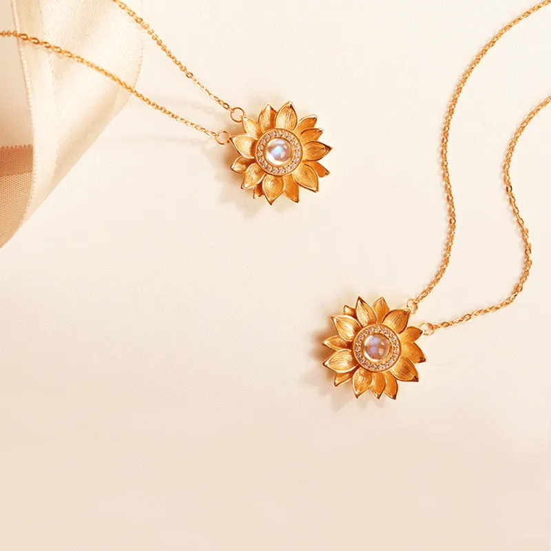 18K Gold Plated Silver Flower Moonstone Pendants Necklace June Birthstone for Women