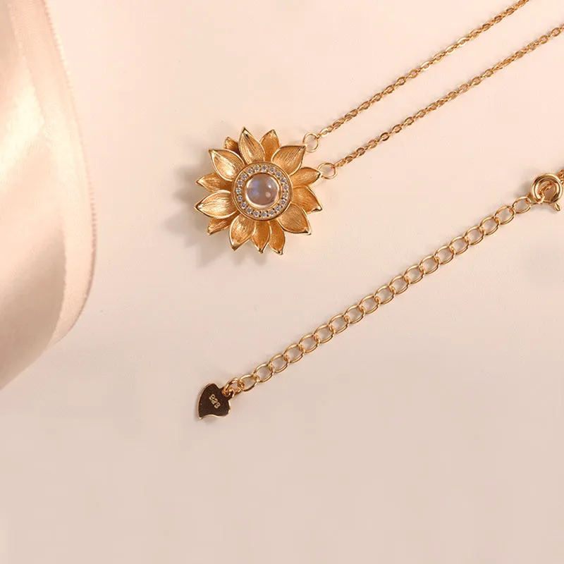 18K Gold Plated Silver Flower Moonstone Pendants Necklace June Birthstone for Women